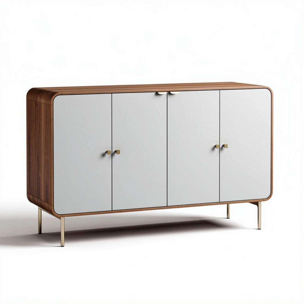 Buffet en bois de noyer avec portes blanches et pieds en métal 150 x 40 x 80cm