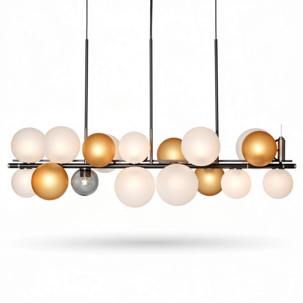 Suspension en métal noir avec diffuseurs en verre opale et doré 100 x 40 x 20cm