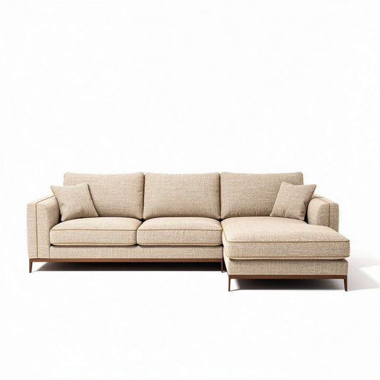 Canapé d'angle en tissu beige avec accoudoirs en bois 230 x 90 x 85cm