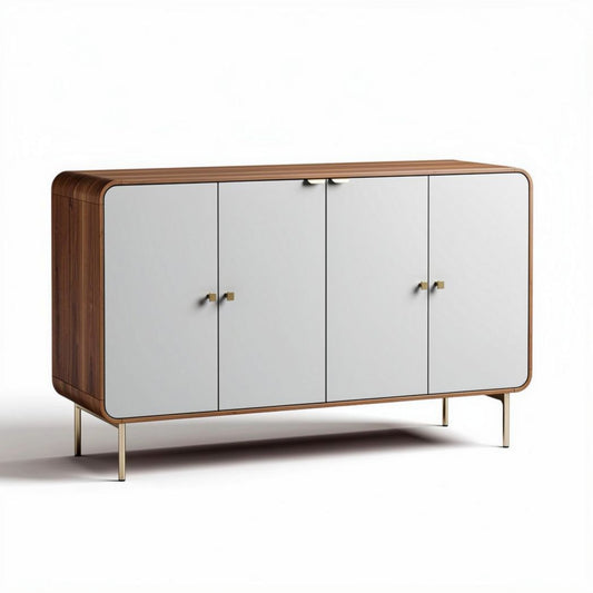Buffet en bois de noyer avec portes blanches et pieds en métal 150 x 40 x 80cm