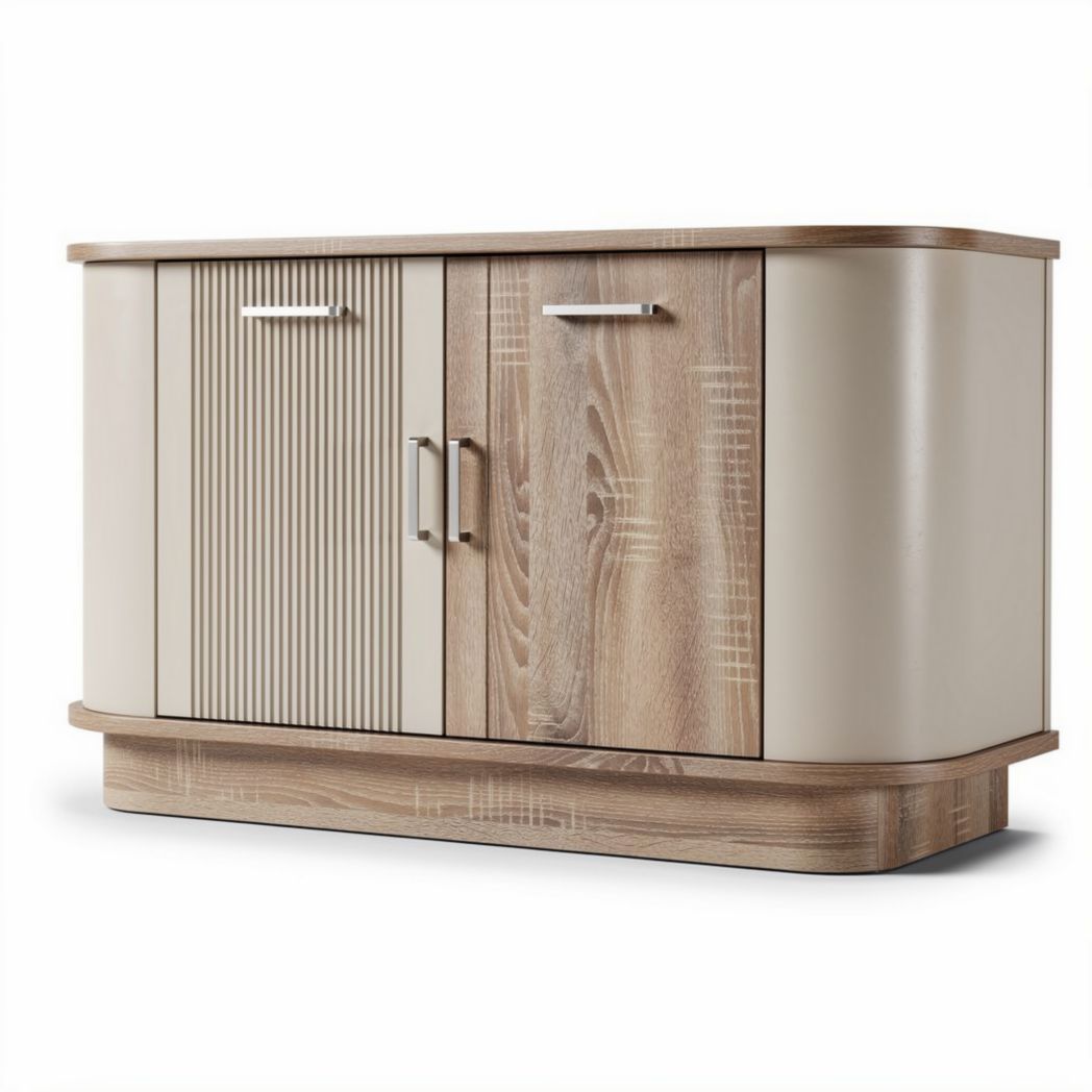 Buffet en bois blanc 160 x 45 x 80cm avec trois tiroirs et portes noires