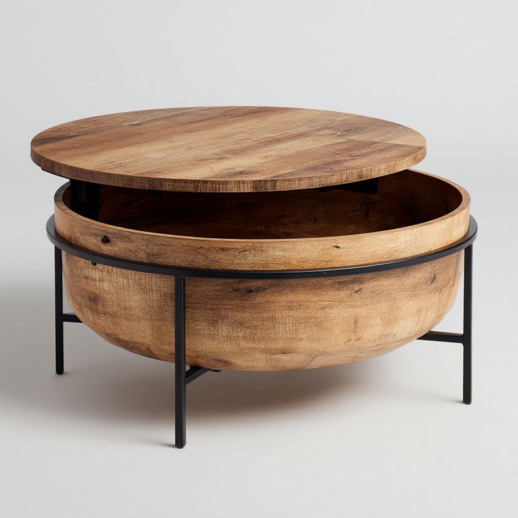 Table basse ronde en bois clair avec rangement de 80 x 80 x 35cm